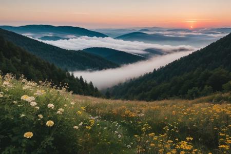 raw photo, a sunset landscape, Carpathian mountains valley temperate forests, Poland forest,  cozy, photorealistic, high detailed texture, 8k uhd, dslr, soft lighting, high quality, film grain, Fujifilm XT3, Sony A7 IV, highly detailed photography, (muted colors, cinematic, dim colors, soothing tones:1.2), vibrant, insanely detailed, hyperdetailed, (dark shot:1.2), (vsco:0.3), (intricate details:0.9), (hdr, hyperdetailed:1.2) (highest coherency: 1.39) (highest quality: 1.39) (rule of Thirds) (award winning) (breathtaking) (masterclass) (vibrant color: 0.79) (foggy: 1.09) (distant hillside) (spring flowers)