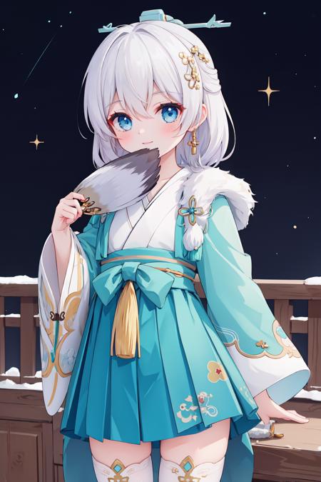 <lora:starlit_astrologos_m1:1>, starlit astrologos, (masterpiece:1.2), (best quality:1.3), ultradetailed, 1girl, standing, light smile, cowboy shot, chinese clothes, skirt, white thighhighs, hand fan, holding fan, night sky