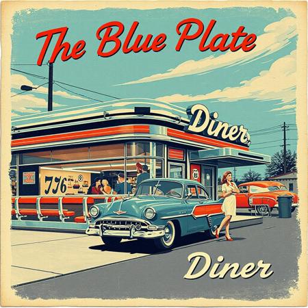 Generate a nostalgic vintage postcard of a classic American roadside diner, perhaps along Route 66 in the Midwest, circa 1950s. The diner should be a gleaming chrome structure with large windows, showcasing stylized figures sitting at the counter and in booths. Include a vintage automobile parked outside and perhaps a stylized waitress in a classic uniform. The color palette should be bright and cheerful, with a focus on reds, whites, and blues. The overall style should evoke a sense of classic Americana and roadside nostalgia, with a slightly faded and textured appearance. The name "The Blue Plate Diner" should be prominently featured on the postcard in a retro font.âââ