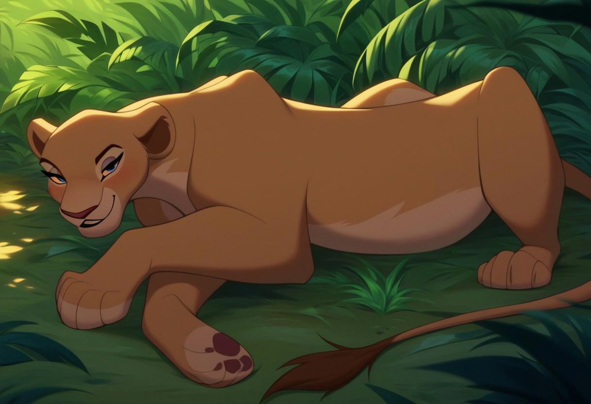 score_9, score_8_up, score_7_up, score_6_up, score_5_up, score_4_up, explicit, cartoon, 1girl, feral, furry, lioness, solo, Disney, laying grass, looking at viewer, tail, seductive smile, jungle background