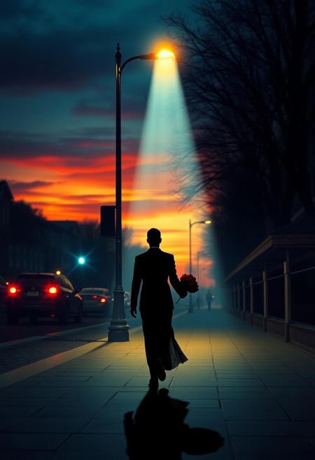 A lone figure walking beneath a streetlamp,  elegantly dressed, heart-pounding scenario,dark roses in your hand.,Hauntingly beautiful, colorful sunset,Mesmerizing distortion, mastery of texture and form, rich color palette, expressive portraiture, captivating unease