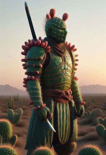 Prickly Pear Style, A lone samurai standing in the desert, wearing an armor set made of interwoven cactus spines, a thorn-covered katana glowing under the sunset, wind blowing through a field of neon succulents, ancient desert pagoda in the background, cinematic warrior aesthetic