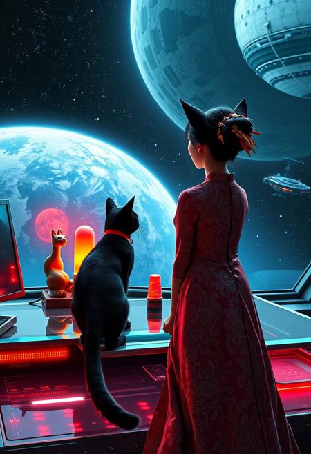 A sleek black cat with red collar sits on a cluttered metal riveted desk with transparent top and rgb led computer components visible inside, On the desk are a maneki neko statue and a lava lamp, the Black Cat is looking out of a seamless and futuristic floor to ceiling window that looks out at a planet from low orbit, (((a beautiful woman fully visible, 24 years old, is standing looking out the window, the woman is dressed in an ornate Japanese style futuristic formal gown (semi-risque) . An enormous deco-cyberpunk starship with futuristic lighting and an enormous space station are visible in the background among the stars, The woman's hair is pinned up with exquisite gold and jeweled chopsticks, and an artistic ribbon that contrasts perfectly with the gown. Artistic cyberpunk, dynamic perspective, (((overall architectural aesthetic is Art Deco Cyberpunk))).