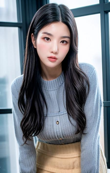 eunbi,Nikon RAW photo,8 k,Fujifilm XT3,masterpiece, best quality, realistic, photorealistic,ultra detailed,1girl,solo, close up portrait, standing by the window in a soft gray cashmere sweater and leggings<lora:eunbi-byhighwizard Sver:1>