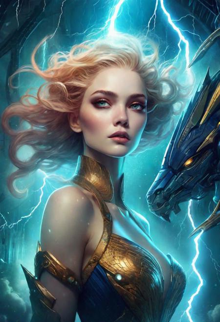 A stunning poster design embodying the enchanting style of Anna Dittmann presents an awe-inspiring woman amidst monstrous machines and hi-tech creatures adorned with sharp eyes that are further intensified by lightning bolts surrounding her face, while rim light adds depth to her form against a backdrop of vividly saturated colors.