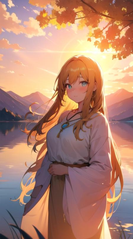 ((extremely detailed,ultra high res,detailed background)),1 girl,serene expression,mesmerizing eyes,straight long hair,flowing dress,poised posture,porcelain skin,subtle blush,crystal pendant,BREAK
golden hour,((rim lighting)),warm tones,sun flare,soft shadows,vibrant colors,painterly effect,dreamy atmosphere,BREAK
scenic lake,distant mountains,willow tree,calm water,reflection,sunlit clouds,peaceful ambiance,idyllic sunset,BREAK