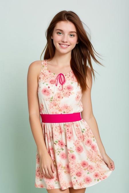 HD, perfect quality, 16k, very detailed,  a beautiful 21yo college girl with ginger hair, pale skin, wearing a dark blue and mint green calico floral dress, pink fleckes, green eyes, rose eyeshadow, slim, detailed skin, hair behind ear, barefoot, smiling proudly, standing in front of white background