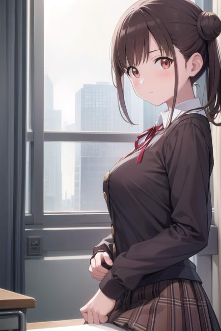 chiyokosonoda, <lyco:chiyokosonoda-lyco-nochekaiser:1>,
chiyoko sonoda, brown hair, (red eyes:1.5), hair bun, long hair, double bun, sidelocks,
BREAK brown skirt, buttons, collared shirt, dress shirt, miniskirt, neck ribbon, plaid, plaid skirt, pleated skirt, ribbon, school uniform, shirt, skirt, white shirt, yellow ribbon,
BREAK indoors, classroom,
BREAK looking at viewer, cowboy shot,
BREAK <lyco:GoodHands-beta2:1>, (masterpiece:1.2), best quality, high resolution, unity 8k wallpaper, (illustration:0.8), (beautiful detailed eyes:1.6), extremely detailed face, perfect lighting, extremely detailed CG, (perfect hands, perfect anatomy),