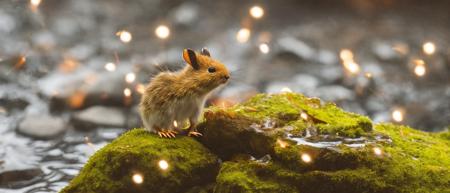 classicnegative photo of a cute Pika sitting on a mossy rock in a river in the mountains, glowing fireflies, haze, bloom, halation, dramatic atmosphere, cinematography