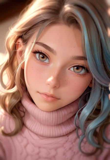 A tight close-up portrait of a gentle woman with wavy pastel blue hair, warm brown eyes, and light freckles across her nose. Wearing a pink knit turtleneck sweater, softly lit from the front. Radiant skin, innocent expression, soft focus. Anime realism hybrid, high detail, pastel aesthetic, cozy lighting