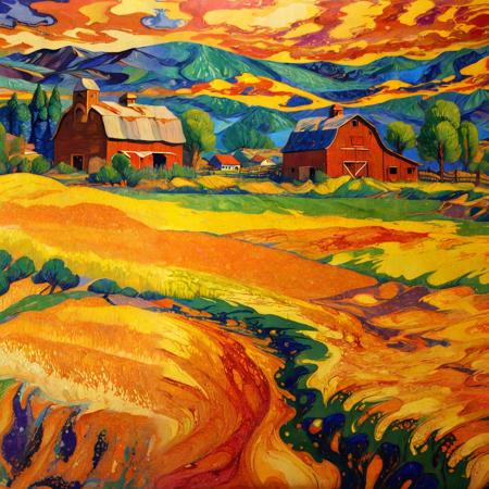 (xlomrblng:0.8) Fauvism, magnificent spring farming landscape, barn, (gold-tinted:0.5), very detailed, intricate, (flames:1.21) <lora:xlomrblng:1>