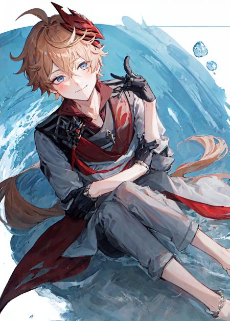 1boy, blue eyes, orange hair, short hair, red mask on head, grey clothing, black gloves, blue jewelry, red ribbon with red ornament, black leg ring, happy, closed mouth, looking at viewer, tartaglia \(genshin impact\), red earring, <lyco:childe8:0.8> water, ocean,