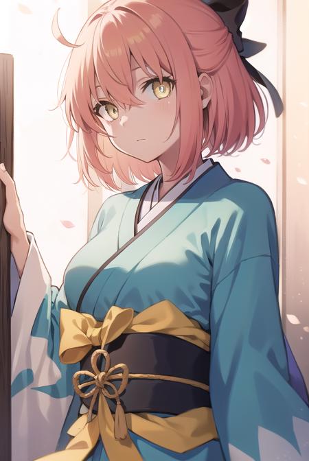 okitasouji, <lora:okitasoujitest:1>, okita souji, ahoge, black bow, pink hair, hair between eyes, hair bow, short hair, (yellow eyes:1.5),
BREAK japanese clothes, kimono, sash, blue kimono,
BREAK outdoors, city,
BREAK looking at viewer,
BREAK <lora:GoodHands-vanilla:1>, (masterpiece:1.2), best quality, high resolution, unity 8k wallpaper, (illustration:0.8), (beautiful detailed eyes:1.6), extremely detailed face, perfect lighting, extremely detailed CG, (perfect hands, perfect anatomy),