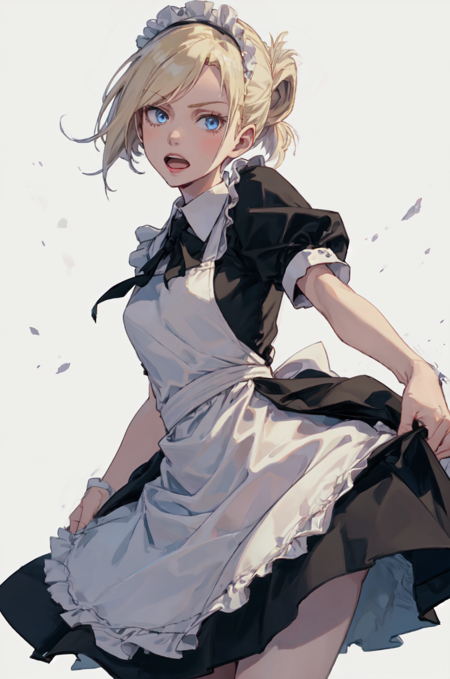 annie_leonhardt, 1girl, solo, open mouth, skirt, white background, dress, clothes lift, apron, maid, maid headdress, skirt lift, tray, enmaided