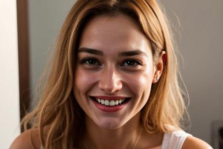 closeup of a face of a happy satisfeid woman with a thankful smile, sweaty, exhausted, post orgasmic