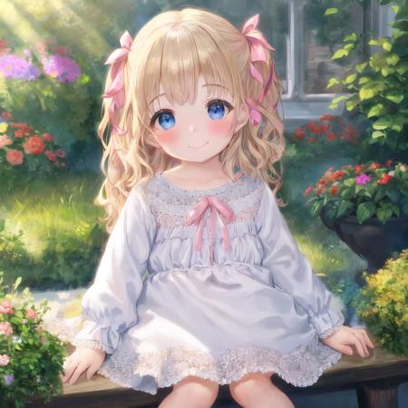 <lora:sar:0.3> srs masterpiece best quality ultra-detailed finely detail highres ((little female child)) two side up long blonde hair pink ribbon white dress lace-trimmed embroidery long sleeves blush embarrassed smile blue eyes sitting on side english floral garden