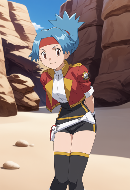 1girl, solana, blue hair, ponytail, brown eyes headband, cropped jacket, open jacket, red jacket, fingerless gloves, belt, shoes, thighhighs