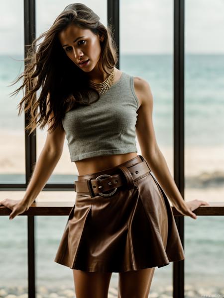 Realistic photo of a beautiful j3nn1f3rg-v1 woman, 1girl, solo, long hair, skirt, brown hair, navel, brown eyes, jewelry, pantyhose, midriff, belt, miniskirt, lips, crop top, ocean, ring, pencil skirt, realistic, soft lighting, professional Photography, Photorealistic, detailed, RAW, analog, sharp focus, 8k, HD, DSLR, high quality, Fujifilm XT3, film grain, masterpiece<lora:j3nn1f3rg-v1:1.0>