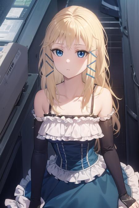 tina sprout, long hair, blonde hair, hair ornament, blue eyes, gloves, dress, bare shoulders, frills, black gloves, elbow gloves, blue dress, frilled dress,