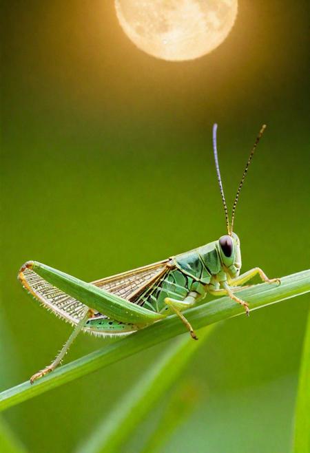 Create a visually striking image of a grasshopper, set in a magical, moonlit meadow. This ultra-detailed, UHD masterpiece should capture the grasshopper perched on a blade of lush green grass. The grasshopper itself is a marvel of nature, with its vibrant green exoskeleton rendered in exquisite detail, from the delicate patterns on its wings to its expressive eyes. The moonlight casts a soft, ethereal glow on the scene, highlighting the grasshopper's form and the dewdrops on the grass, each reflecting the moon's light like tiny, sparkling gems,the meadow around the grasshopper is alive with the glow of fireflies, creating a mystical ambiance. A gentle mist hangs in the air, adding depth and a sense of mystery to the scene. The overall atmosphere should be one of enchantment and tranquility, where the grasshopper is not just an insect but a magical creature in its own right, perfectly at home in this luminous, nocturnal world.