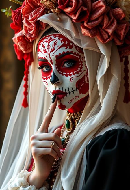 a woman with red and white makeup dia de los Muertos in the shape of skulls, wearing an elaborate headdress and veil holding her finger to lips, wearing ornate jewelry, full body shot, photorealistic, Delftware porcelain pattern skull style face painting,
