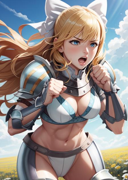 masterpiece, 4K, best quality, charlotte, hair bow, bikini armor, vambraces, armored legwear, toned body, field, blue sky, action pose, yelling, determined expression on face, closed fists <lora:charlotte-nvwls-v1-final-test:0.9>