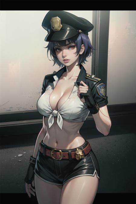 <lora:DOA5LR Ayane Police Costume :1>, DOA, Ayane, (black police peaked cap:1.2), Police, cleavage, Midriffs, white shirt, front-tie top, (red eyes:1.2), short blue hair, Black High-waist shorts, (red belt:1.2), black fingerless gloves, black boots, (masterpiece:1.4), photorealistic, best quality, beautiful lighting, real life, natural makeup, ultra detailed face, ultra detailed eyes, intricate, high detail, sharp focus, dramatic, beautiful girl, (RAW photo, 8k uhd, film grain), caustics, subsurface scattering, reflections