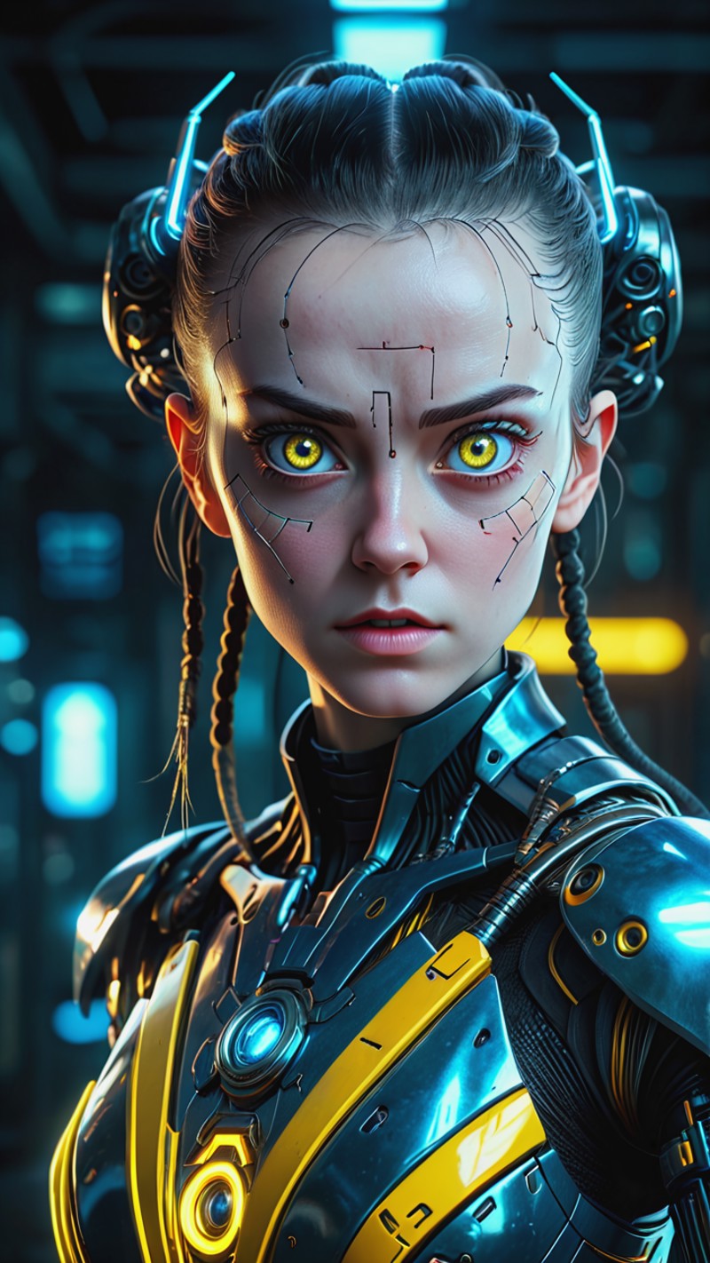 (Full body shot:1.4), RAW photo of a 1girl, android, blue eyes, cables, cyberpunk, cyborg, neon, glowing eyes, looking at ...