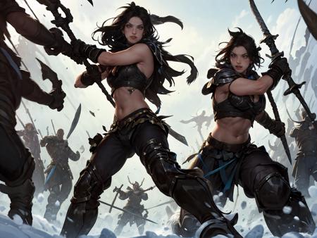 HEZI,LOL,lol style,game cg,long hair,1girl,weapon,black hair,gloves,navel,armor,solo focus,polearm,thighhighs,midriff,dark skin,black gloves,fighting stance,sword,spear,<lora:LOLå¼é·å°åå¾·(8bitï¼:0.65>,