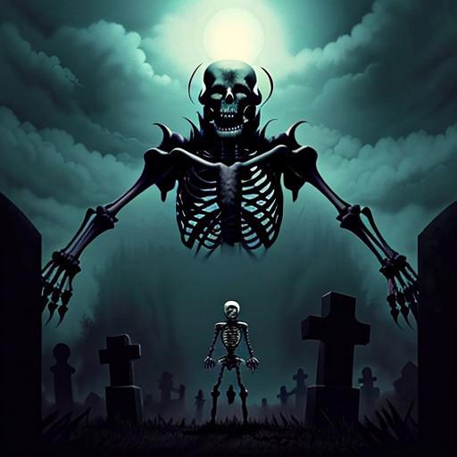 score_9, score_8_up, score_7_up, score_6_up, score_5_up, source_cartoon, Nima Style, female, solo, no humans, skeleton, horror style, screaming, in a graveyard