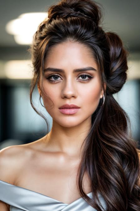 Photograph, sah, detailed face, skin texture, beautiful eyes, long hair, (hair up:1.2), office background, high detail, HD, ultra detailed, ultra realism, field of view, trending on 500px, <lyco:SashaC-RealVision-V1.0:1.0>