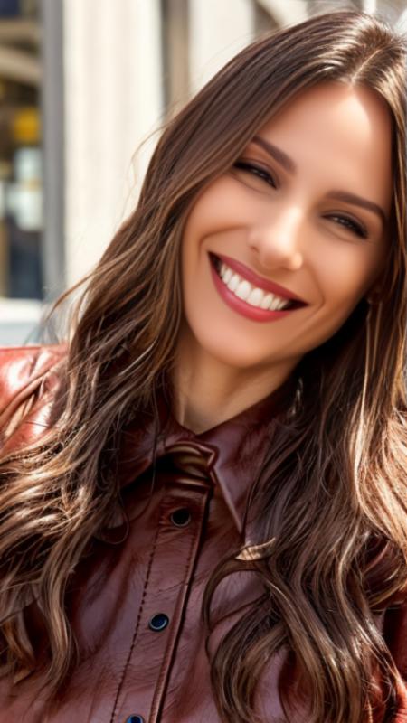 portrait of woman (pampita:1) smiling with a leather jacket, in the street, high detailed face, 4k, 8k, <lora:pampita:1>