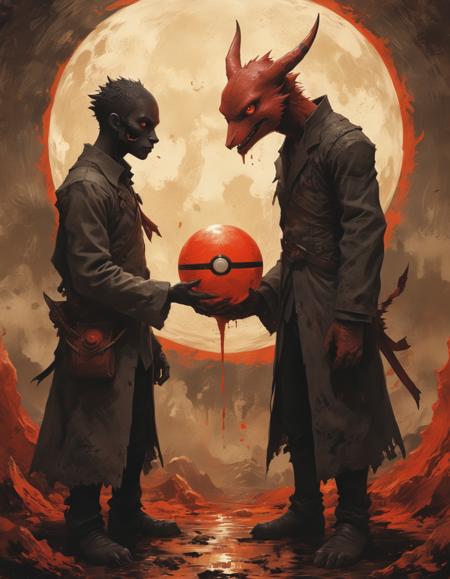 ([by Dave McKean|by Aaron McGruder]:1.5), (Beneath the blood-red moon, The Demon's Pact is sealed, a Faustian bargain struck in the darkness, where souls are bartered for power and forbidden desires.:0.5) (Pokémon style art:1.3)
