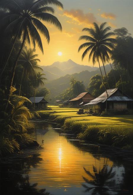 A romantic realism painting depicting idyllic Filipino rural landscapes reflected in intensely black water. Golden sunlight illuminates lush tropical scenery, detailed daily life scenes, with a vibrant color palette. The scene evokes warmth, nostalgia, a dreamlike atmosphere, and features pure black deep shadows and gentle color contrasts.