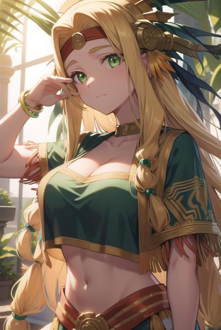 quetzalcoatl, <lyco:quetzalcoatl-lyco-nochekaiser:1>,
quetzalcoatl, long hair, sidelocks, yellow hair, (green eyes:1.5), wavy hair, (large breast:1.2),
BREAK aztec, bracelet, choker, headband, headdress, jewelry, midriff, navel, short sleeves, wristlet,
BREAK looking at viewer,
BREAK outdoors,
BREAK <lyco:GoodHands-beta2:1>, (masterpiece:1.2), best quality, high resolution, unity 8k wallpaper, (illustration:0.8), (beautiful detailed eyes:1.6), extremely detailed face, perfect lighting, extremely detailed CG, (perfect hands, perfect anatomy),