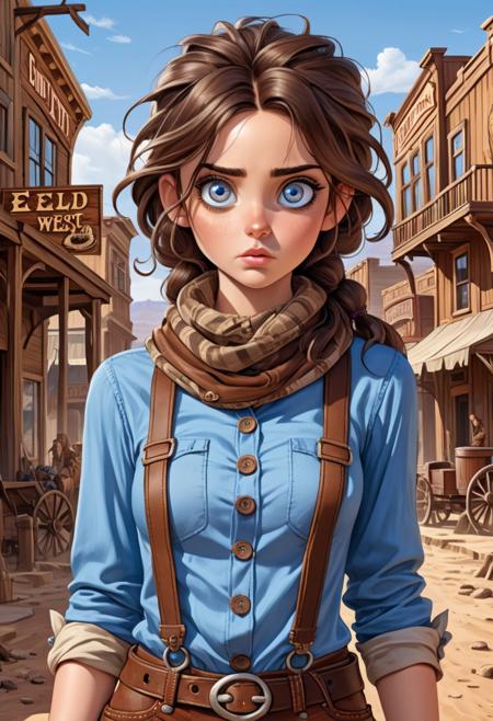 a young girl with large eyes and fair skin. She is dressed in a stylish, eild-west-inspired outfit, wearing a long-sleeved blue shirt with many buttons and brown suspenders. She has a scarf tied around her neck. Her hair is dark and slightly disheveled. The background of the image is a Wild West town at midday.
