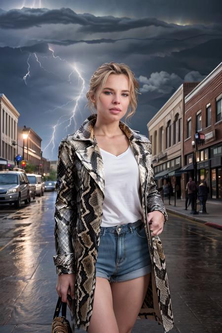 photograph,  realistic, stock photo, A photo of an attractive (downtown:1.2), wearing a (snakeskin-coat:1.2), (thunderstorm:1.3), (8k, RAW photo, best quality, ultra high res, photorealistic, masterpiece, ultra-detailed, Unreal Engine), < <lora:quiron_JillianJanson_v2_Lora:0.77> JillianJansonQuiron,  blond hair,