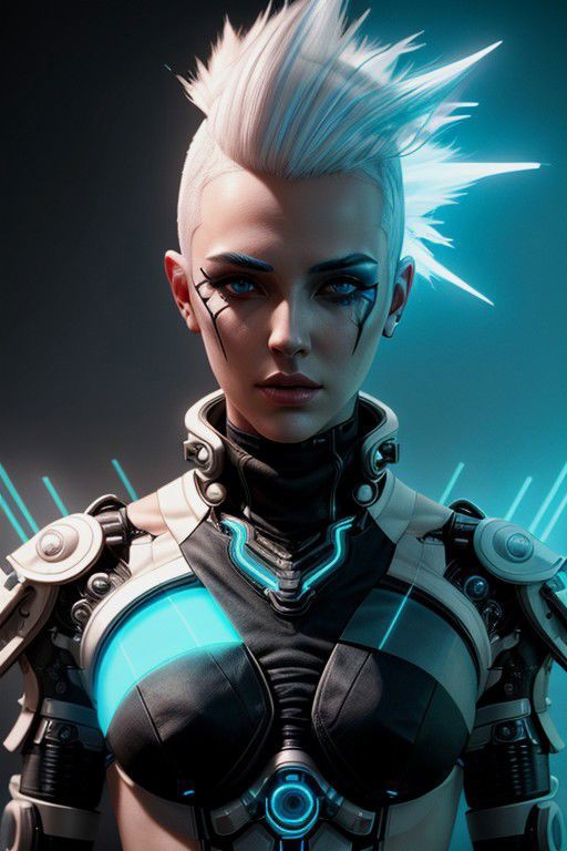 Technomancer Character wearing futuristic technologic transformer armor, Highly Detailed, Cyberpunk, White Mohawk Hair, ha...