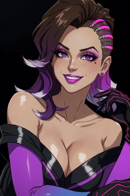 mature woman, sombra_(overwatch), (anime screencap),
(1girl:0.5), solo, long hair, breasts, looking at viewer, blush, smile, large breasts, brown hair, gloves, cleavage, purple eyes, collarbone, upper body, purple hair, multicolored hair, earrings, lying, dark skin, off shoulder, grin, two-tone hair, dark-skinned female, gradient hair, makeup, on side, lipstick, black background, eyeshadow, outline, asymmetrical hair, undercut, purple lips,  <lora:Sombra-20:1>