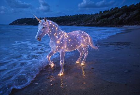 A beautiful unicorn stands on a Mediterranean beach, the waves lapping at its body. The waves are full of sparkly bioluminescence from tiny algae in the water. In the night sky above a full moon can be seen, giving the picture a soft ethereal glow. Bioluminescence, luminous, nature
