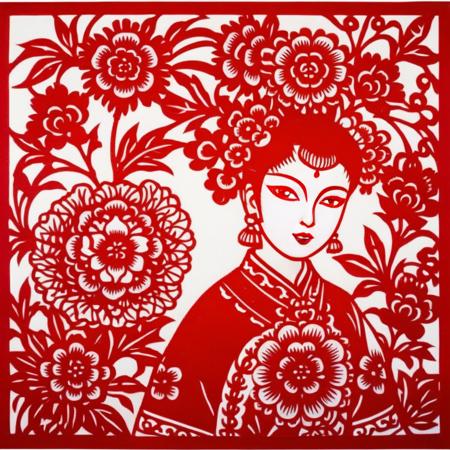 The image is of a traditional Chinese paper-cut art piece in red and white. The artwork centrally features a woman who is depicted with a strikingly intricate hairstyle, filled with flower patterns. Her facial features are detailed with large, bright eyes and a sweet smiling expression. The woman's outfit also includes elaborate patterns, with the red hue offering a stark, vibrant contrast against the white background. On the artwork, <lora:cn_paper_cut:0.8>