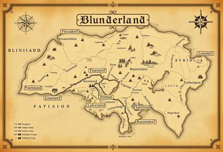 Elegant map of a vast mysterious fantasy world named Blunderland with an old, pre-war, vintage feel. Blending minimalist design and beautiful map ornaments, decorative elements, aged texture, delicate borders. Elegant calligraphy for labels, classic cartography style. Germanic Fraktur script. Legible funny silly names like Flüxdorf, Iterationenheim, Mischmaschberg, Pixelstein, Generierungswald, Stabilstadt, Löraheim, Buzzendorf. Smooth coastlines, rivers, hills, mountains and forests. Small towns, castles, and ports marked with elegant icons. Intricate compass rose, subtle grid lines. Muted colors, sepia tones, and faded ink for an ancient, timeworn appearance. Map exudes an air of history and elegance from a forgotten era.