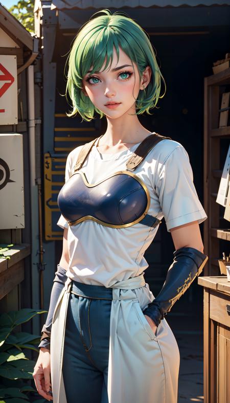 photorealistic, octane render, sharp focus, (8k), (4k), (Masterpiece), (realistic skin texture), extremely detailed, intricate, hyper detailed, soft lighting, high resolution, sharp detail, (best quality, hires, high resolution), extremely detailed, highres, (Volumetric lighting, sunlight, cinematic lighting), 1girl, (blue and white outfit, blue breastplate), short hair, green hair, green eyes,  <lora:Rona_VRMMO-000004:0.6> , <lora:improve_backgrounds:0.8> , medieval weapon shop , head down , cowboy shot, wide shot, alone,