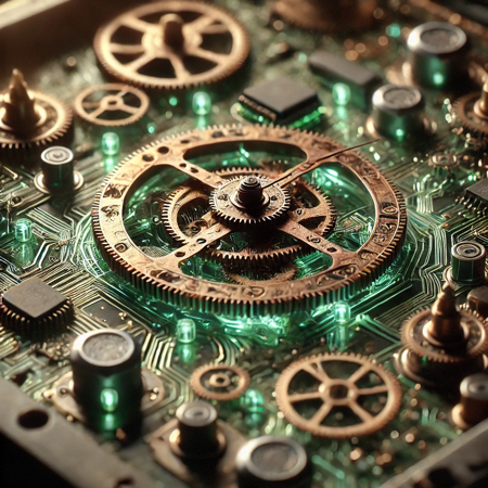 An ancient Greek Antikythera Mechanism reimagined as a futuristic circuit board. Translucent green PCB layers replace the bronze gears; delicate copper traces snake around miniature surface-mount chips and glowing LED indicators that form zodiac symbols. Hyper-realistic macro close-up, ultra-detailed, intricate fusion of mechanical and electronic elements, dramatic ambient lighting, shallow depth of field, 8K resolution, cinematic composition., digital art