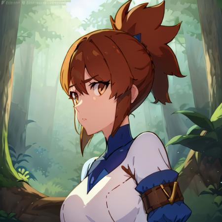 a woman, forest, blue sleeves and white outfit.very short ponytail, brown belt is, standing <lora:marc1:1>, perfect resolution, illustration, dota dragon's blood style,  <lora:assSupport_v32:1>