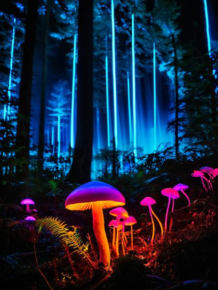 alien hallucinogenic mushrooms in the forest with surrealist landscape, in the night, lights at the background, neon, vivid colors, like a futuristic place, alien plants <lora:SDXLHighDetail_v5:1>, long exposure photography, streaking lights, smooth motion, dreamy landscapes, ethereal atmosphere, light painting, creative expression, time manipulation, surreal effects, captivating visuals, artistic interpretation, immersive experience, unique perspective
