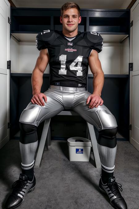 In an American football locker room, (sitting on a locker room bench), legs spread open, hands on knees, JackWindsor is a (American football player) wearing (((black color jersey))), ((shoulder pads)), ((jersey number 14)), silver numbers, (((silver football pants and pads))), ((black socks)), (long socks), (black sneakers:1.2), smile, highly detailed, sharp focus, masterpiece, (((full body portrait))), (full body), wide angle,  <lora:JackWindsor-000008:0.8>