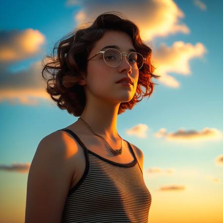 feminine, photograph, realistic, detailed, (small_breasts, perky_breasts, necklace, glasses, thick,
(20yo, nsfw, 1girl, pubic hair, short wavy hair, pretty, rouge,:1.4), sensual, exotic, mesmerizing, evocative, entrancing, artless, young, fresh, solo, (style of Henry Scott Tuke), (style of Anthony Thieme), (style of Gil Elvgren), :1.1), 
(1girl, solo, upper_body, sunset, evening, sky, from_side, gradient_sky,  twilight, nose, dusk, backlighting, blurry_background,  orange_sky, cloud, depth_of_field, sunlight, day, blue_sky, gradient_background, portrait, striped tshirt, tucked_in:1.0)