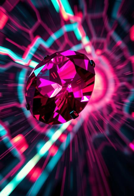 hyperdetailed dyanamic photography of sci-fi futurisitic, based onRhodolite Garnet: A pink to reddish-purple gemstone, displaying a lovely hue reminiscent of rhododendron flowers.   futurisitc, color explosion , web of neon lights, motion, catched in motion, Ultra Realistic Style , shallow depth of field, vignette, highly detailed, high budget Hollywood film, cinemascope, moody, epic, gorgeous, dark colors ,  detailed, low light, darknes, limited colors, black, detailed background, focus on character ,  depth of field, color explosion, intricated background, life, vivid colors , realsitic,