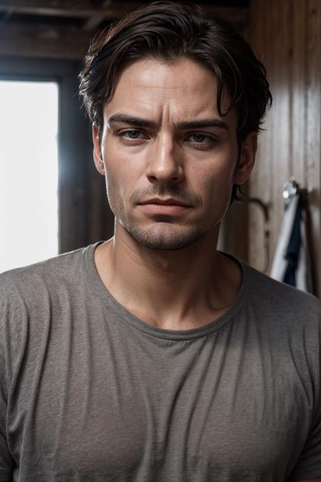 (best quality, high quality, sharp focus:1.4), european man, realistic photo of a worker after a hard day, dirty face, sweaty dirty clothes,  best quality, realistic ,masterpiece,